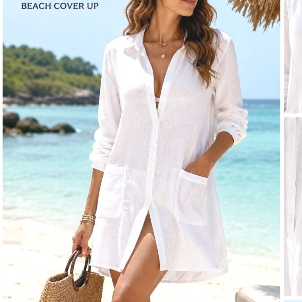 Paradise Bay‎ White Cotton Beach Cover Up Button Down Shirt Dress Small Coastal